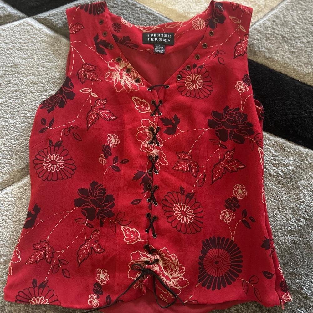 Vintage Spenser Jeremy Red Floral Silk Lace-Up Tank